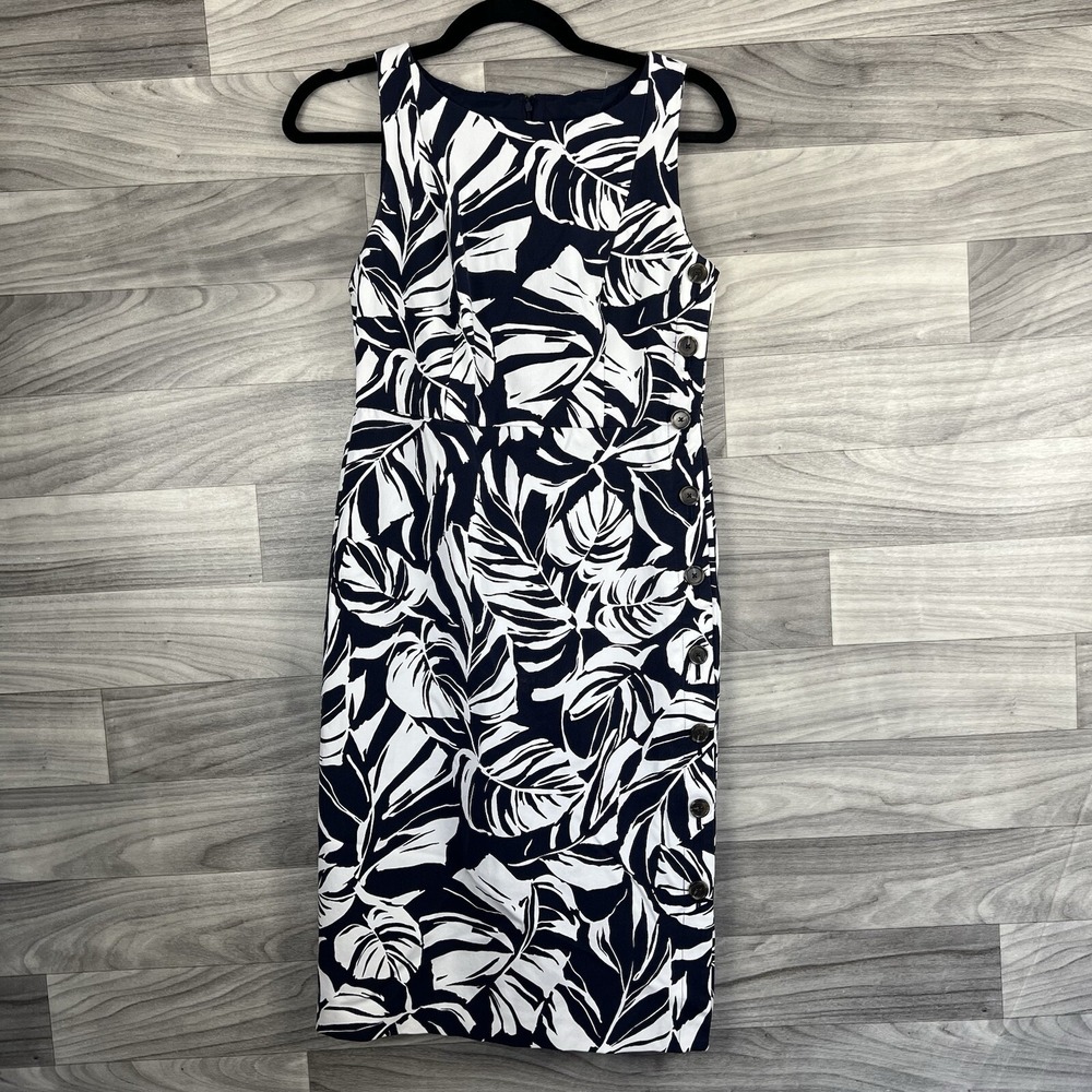 Ann Taylor Dress Women 2 Blue Navy Floral Sleeveless Knee Length Sheath Tropical